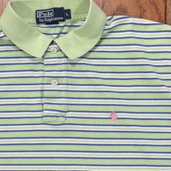 🤑 Green Striped Pink PONY Mens LARGE Ralph Lauren POLO Short Sleeve Vintage Golf Dress Shirt