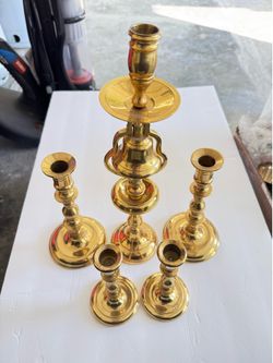Vintage Brass Candle Holder 5 Pcs/Set 1pc 15" 1/2 Tall, 2pcs 9" Tall,2pcs 7"Tall.