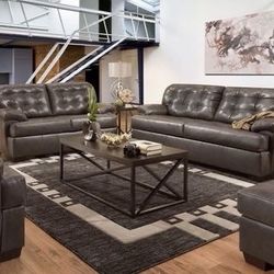 Brand New 2-Tone Gray Leather Sofa and Love Seat Set