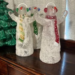 Set Of Three Frosted Snowman Statue Figures 