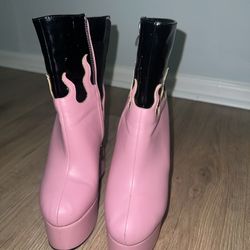 Women's Size 7 Pink Black faux Leather Flaming Fire Sexy Platform Chunky Block High Heels Ankle Heeled Bootie Shoes