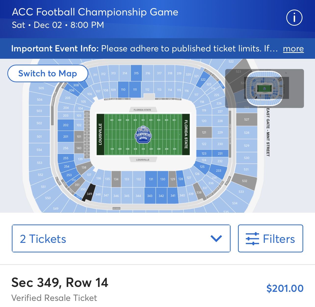 2 ACC CHAMPIONSHIP TICKETS FLORIDA STATE VS LOUISVILLE 