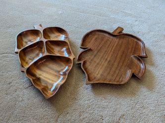 MCM vintage, two carved wooden leaf shaped platters, wall hangings, retro decor