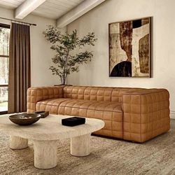 NEW IN-BOX, Free Delivery, Moe’s Home Callan Sofa, Tan Camel 100% Genuine Leather (MSRP $6,399+tax)