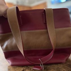 COACH 9348 SMALL Vintage Rugby Brown & Red Stripe Leather Tote