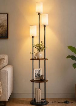 71" Floor Lamp with Shelves, 3-Tier Tall Standing Lamp with 3-Light E26 Base & Linen Shade, Modern Shelf Floor Lamp for Living Room, Bedroom, Office, 