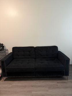 Black Velvet Tufted Sofa with Nailhead Trim