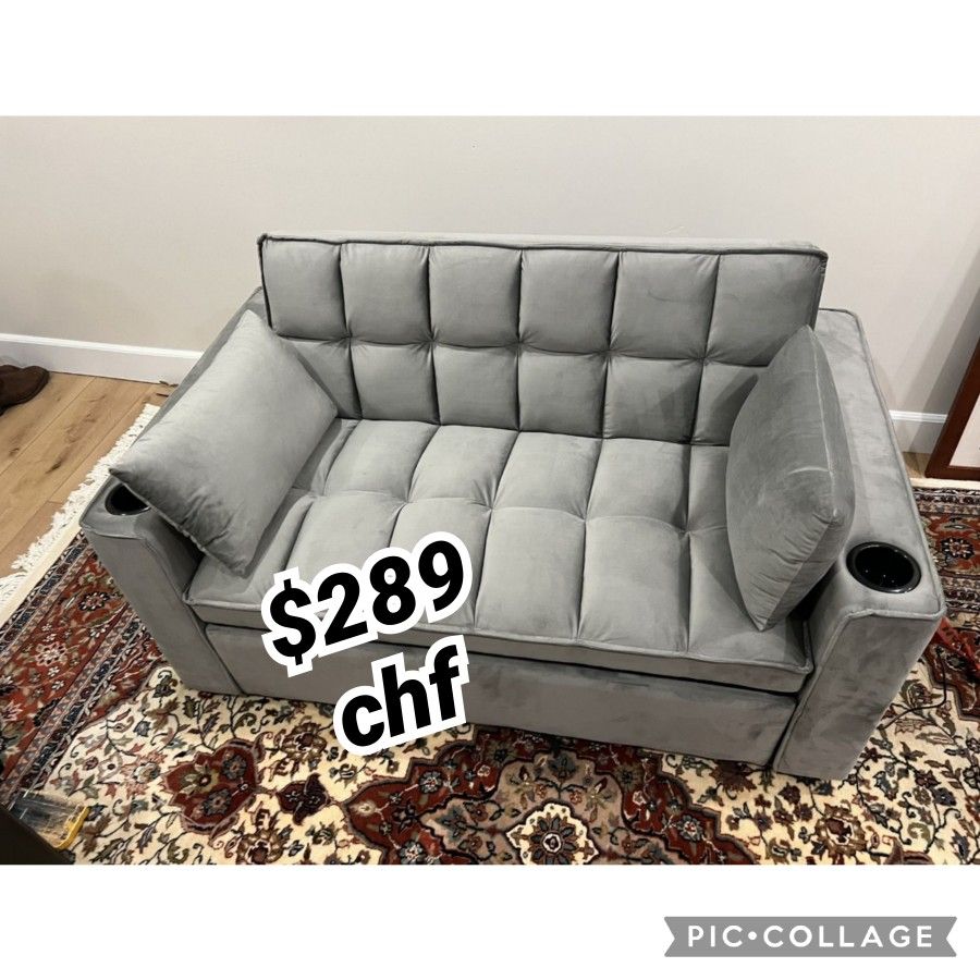 Gray Velvet Loveseat Pull Out Sofa Bed // October Sale 