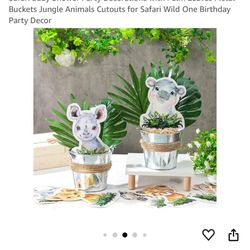 Amyhill 24 Sets Sets Jungle Animals Centerpieces for Table Safari Baby Shower Party Decorations with Palm Leaves Metal Buckets Jungle Animals Cutouts