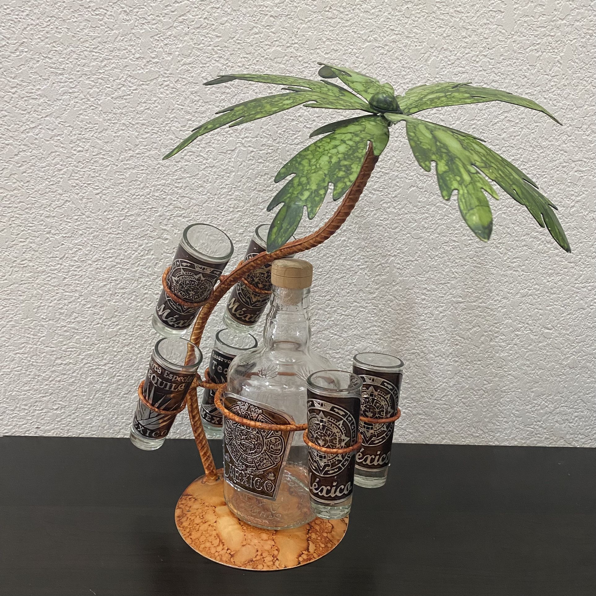 MEXICO Mexican Tequila Decanter & Shot Glass Set In Metal Palm Tree Holder