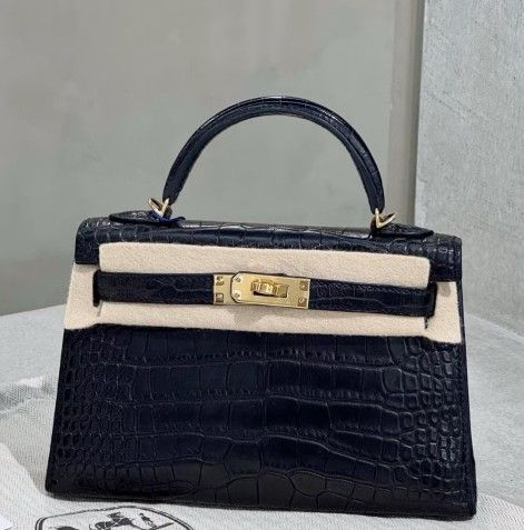 Gold buckle matte square crocodile leather Kelly bag handbag mini women's black