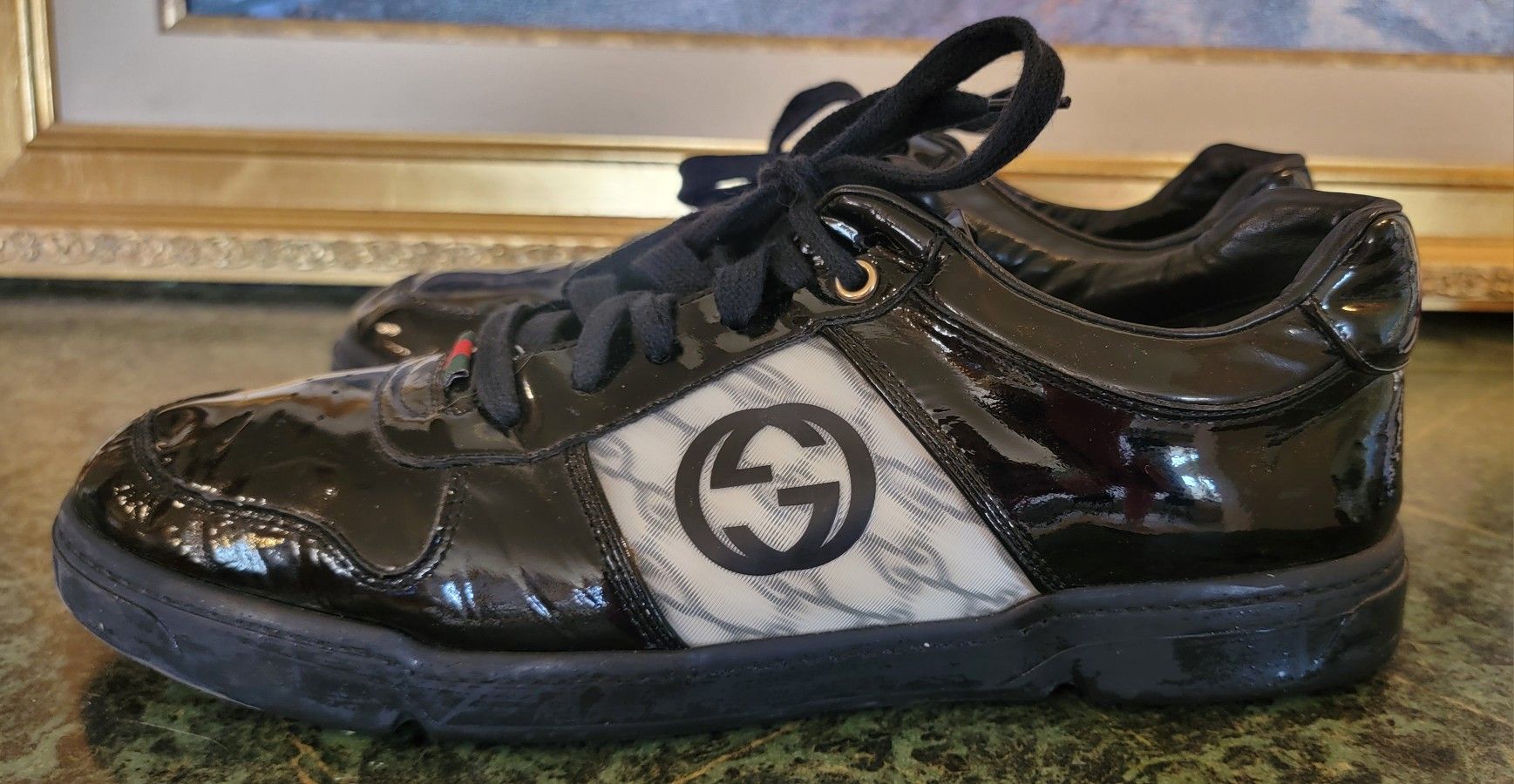 Gucci MEN'S Black Patent Leather Hologram GG Sneakers 10 G