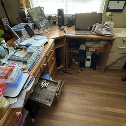 Piano, large, solid wood desk and large Entertainment center