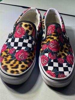 Vans Classic Slip-On Rose Animal Checkerboard Unisex Size Men 7 / Women 8.5