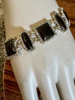 925 Sterling Silver Vintage  ART DECO Black Onyx & Marcasite Panel Chain Bracelet Size 7.75 