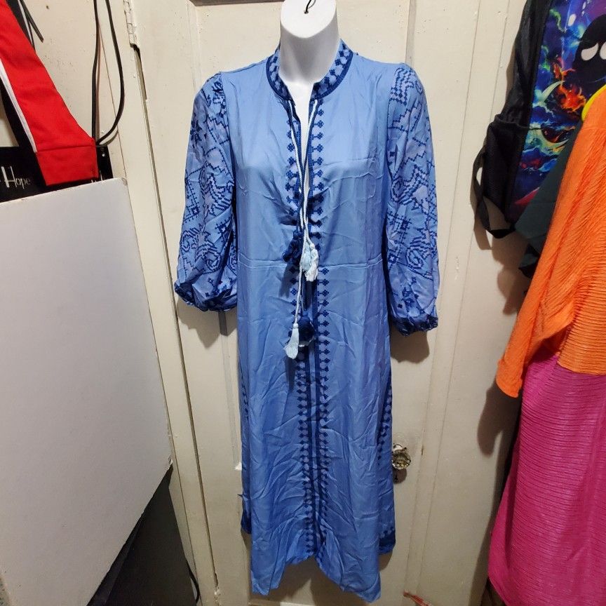 Long Dress V Sleeve Lace Tassel Hem Casual Summer Dress Size M