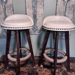 Brand New - Set of 2 Leather & Wood Swivel 29” Barstools - Modern Cream Color with Rivets