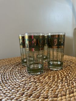 Vintage Cera Glasses Golden Grapes Highball Tumblers Barware Mid Century Green 22k Gold Trim