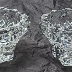 Lead Crystal Candle Holders (2) Clear Glass Rare Etched 3" VTG