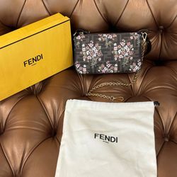 Fendi Flower Bouquet Brown FF Fabric Pouch With Chain And Strap Box Dust Bag Clean