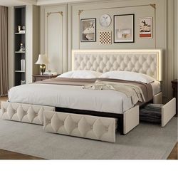 Queen LED Bed Frame with 4 Drawers