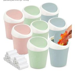 0485: 8 Pcs Plastic Mini Wastebasket Trash Can with Swing Lid 360 Trash Bags Desktop Small Garbage Bin Countertop Vanity Tabletop Waste Paper Basket f