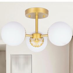 3 Lights Gold Chandelier Mid Century Modern Light Fixture, Gold Semi Flush Mount Ceiling Light with Frosted Globe Glass for Living Room, Bedroom, Nurs