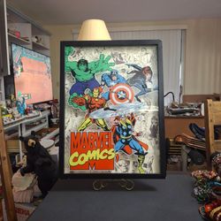 Marvel Comics "Here Come The Heroes" 3D Lenticular Framed Wall Art, Features The Hulk, Captain America, Black Widow, Iron Man & Thor 15" x 20"
