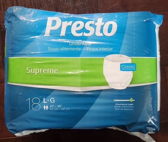 PRESTO SUPREME UNDERWEAR & briefs with tabs Large MAX ABSORBENCY 18 COUNT Condition is brand new sealed