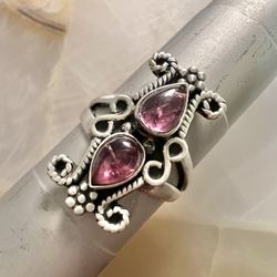 Vintage Sterling Silver Amethyst 2Stone Ring Size-7.25