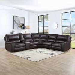 Brand New Espresso Leather Power Reclining Sectional Sofa 
