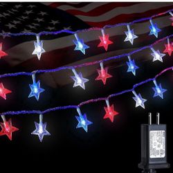 4th of July Decorations Star String Lights 33FT 100 LED Patriotic Faity Lights Plug in 8 Modes with Memory,Red White Blue Lights Waterproof for Indoor