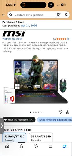 MSI Crosshair 18 HX AI 18" Gaming Laptop