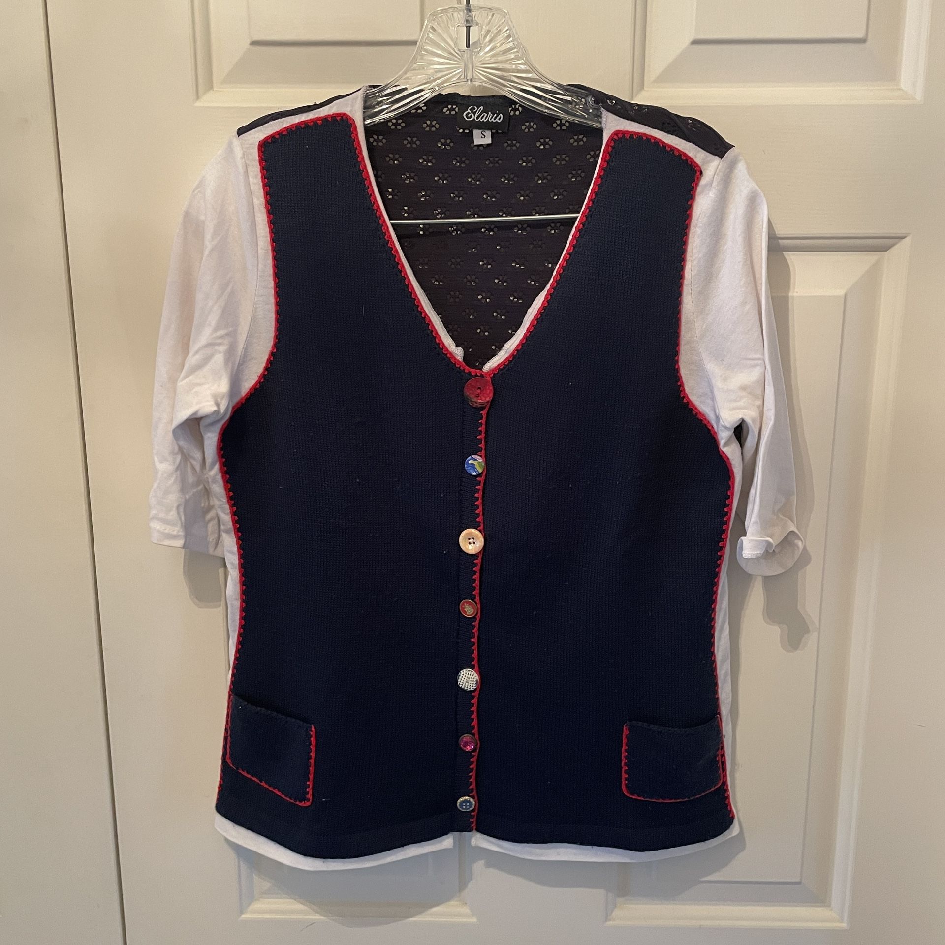 Elaris Ladies small-Unique sweater like blouse-Navy/White/red - Cardigan- Shirt