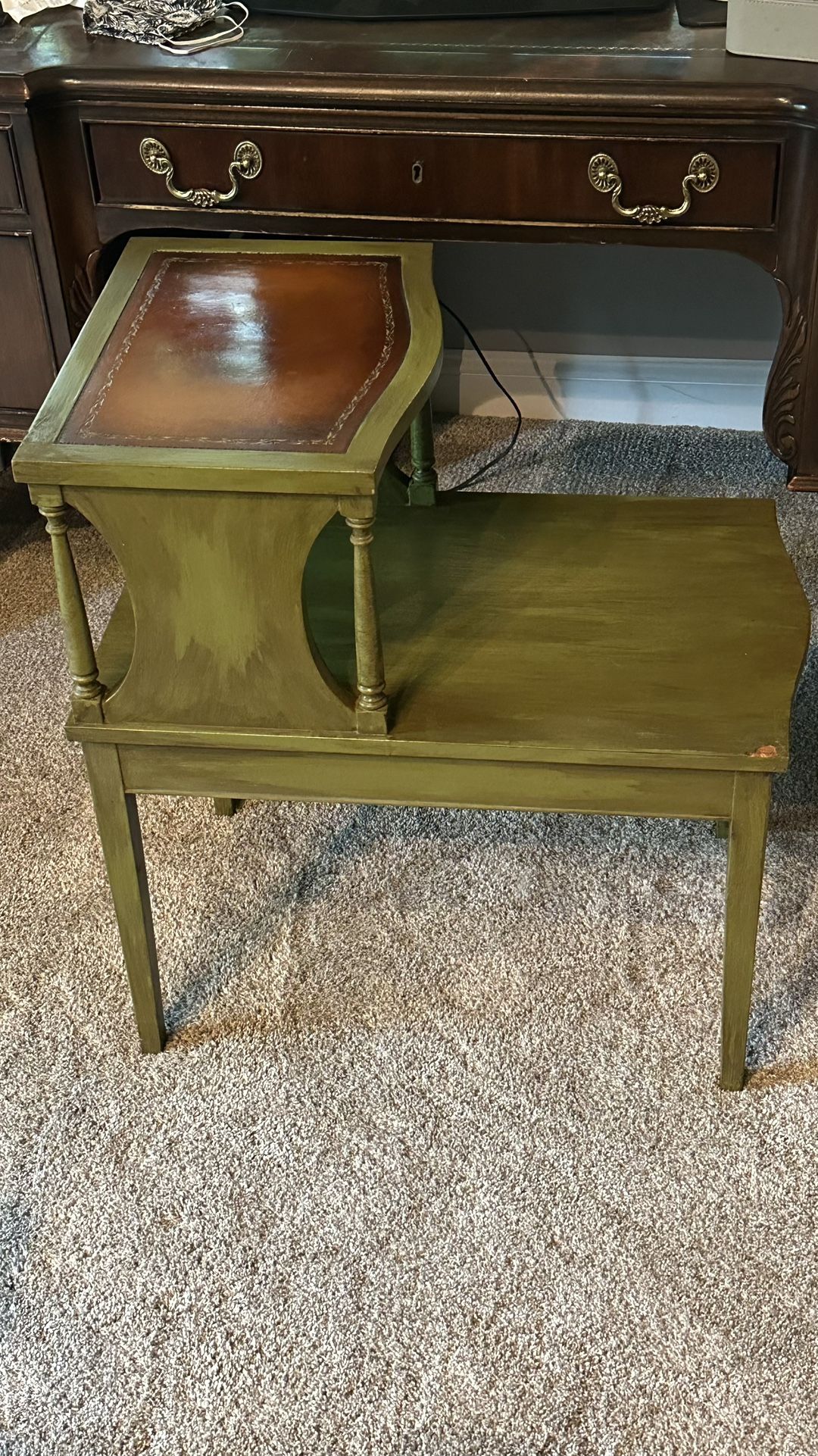 Vintage Avocado Leather Gilded Inlay Side Table