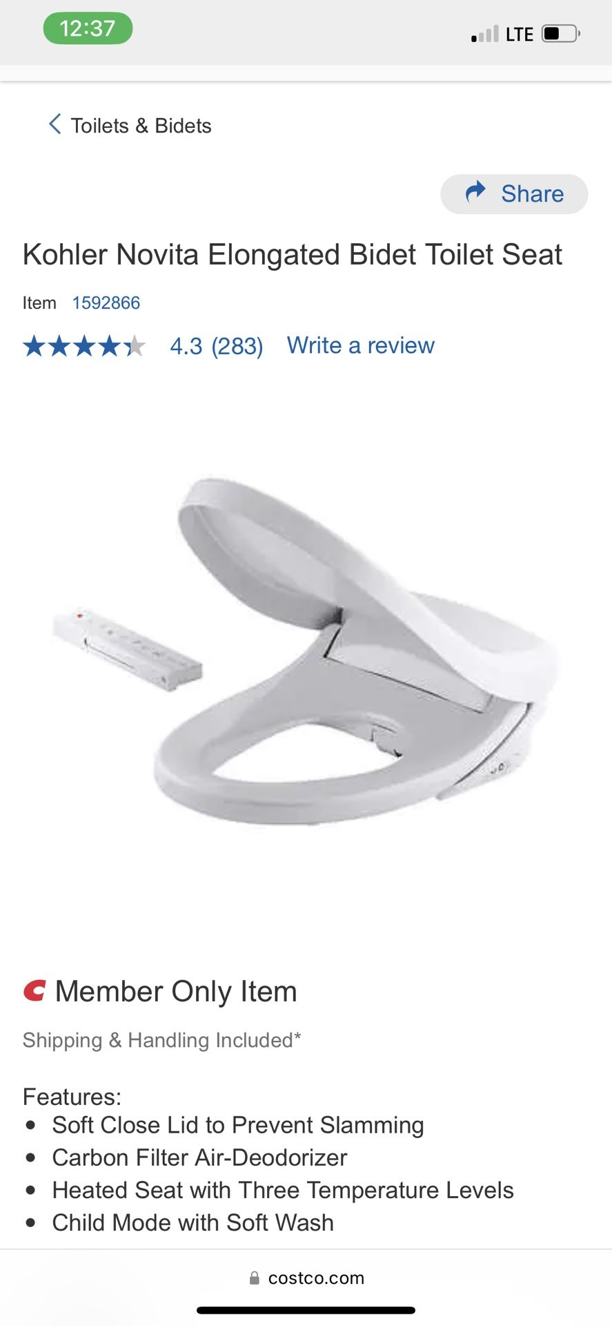 Kohler Novita Elongated Bidet Toilet Seat