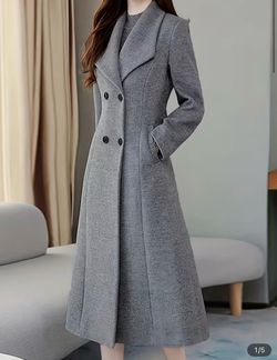 Gray Double-Breasted Wool Blend Long Coat