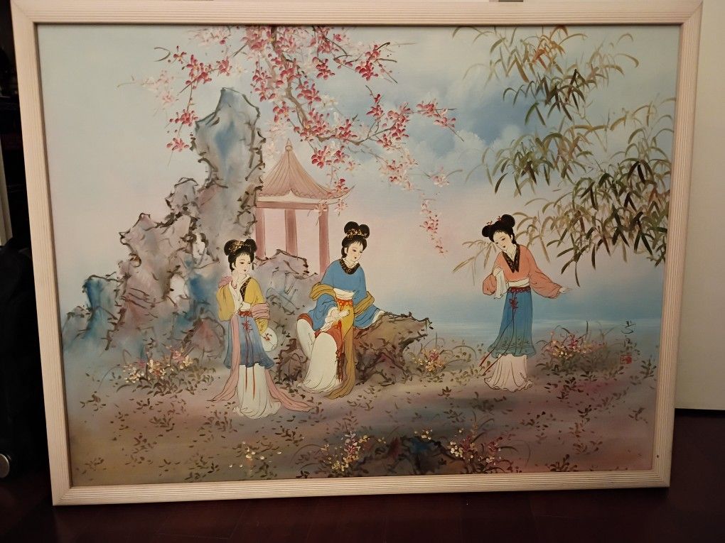 Large Oriental Painting Vtg Vintage Signed