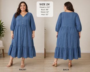 Women's Blue Solid Midi Dress V-Neck 3/4 Balloon Sleeve Tiered A-Line 2X