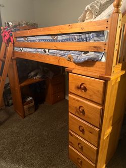 Solid Pine Complete Bunk Bed Unit – Loft Bed, Bottom Bed, Dresser, Desk & Ladder