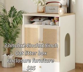 😀 Cat Litter Box Enclosure Furniture Hidden - Indoor 2-in-1 Wooden Cat House & Washroom Cabinet with Scratching Board Doors and 2 Bowls