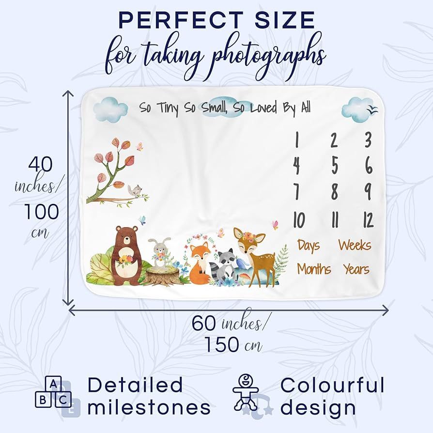 Baby Monthly Milestone Blanket Size Length 60", Width 40"