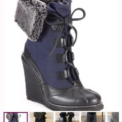 Tory Burch Fairfax Black/Navy Wedge Boots Size 6