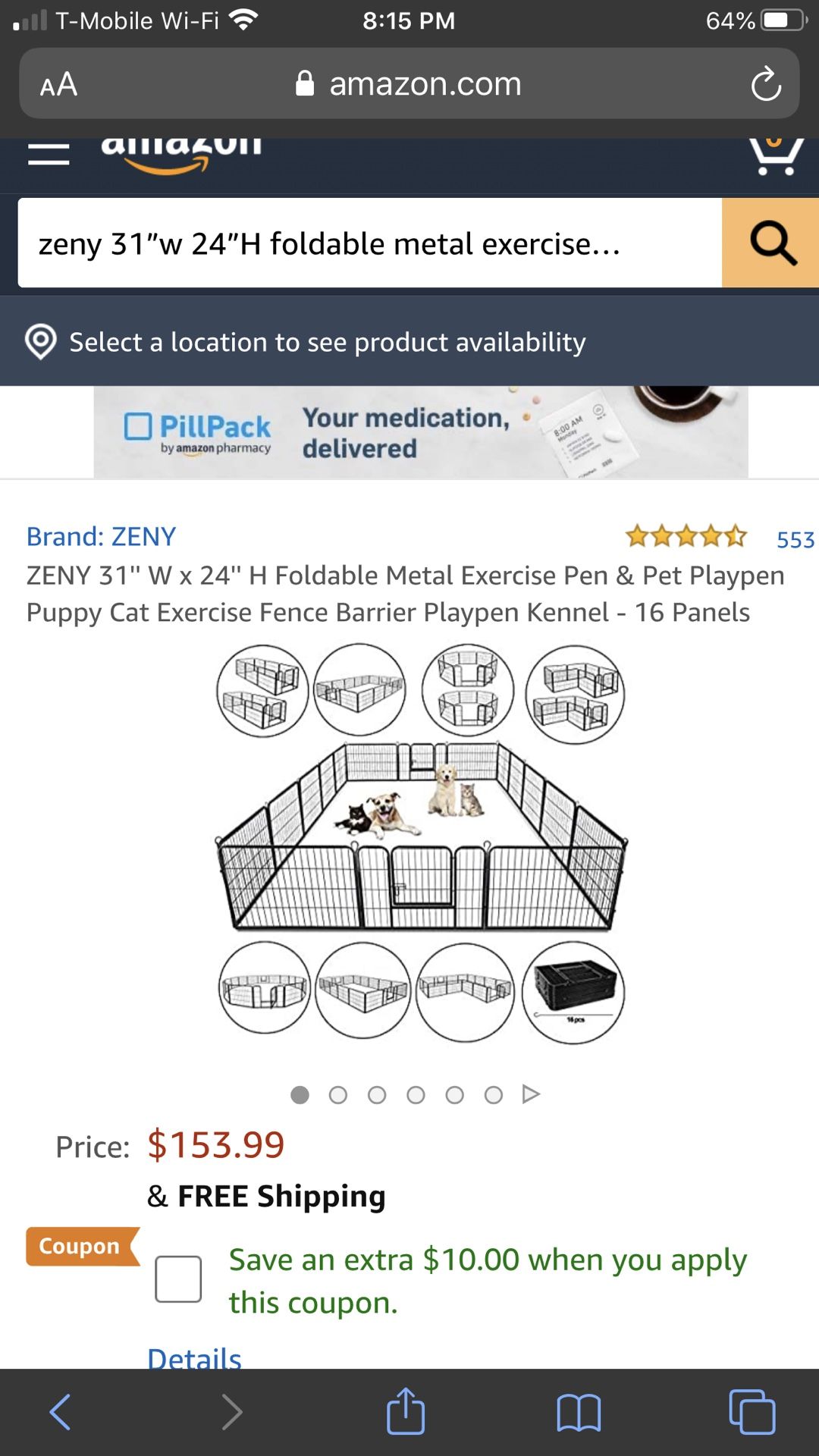 Zeny 31”w 24”H Foldable Metal exercise pen & pet