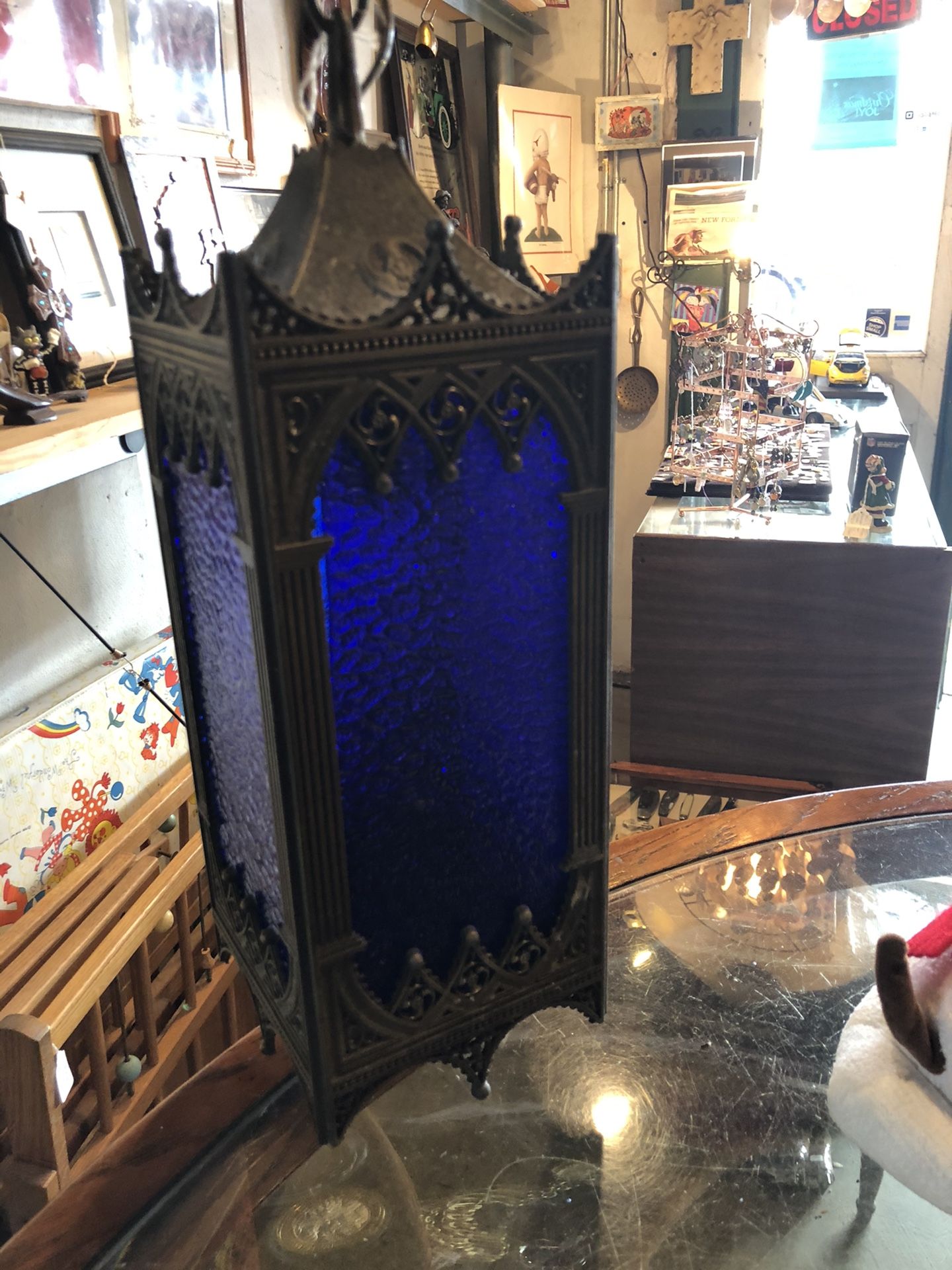 5.5x5.5x15 Antique vintage cobalt blue metal hanging lamp. Taken out of church in MISSISSIPPI. 85.00. 212 north Main Street Buda Johanna 🎅🏼furniture