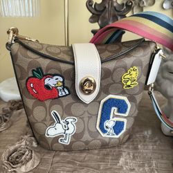 Coach X Peanuts Addie Crossbody Bag Canvas Leather Varsity Patches C4113 Purse