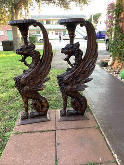 Antique Pair Walnut Winged Griffin Pedestal 