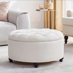 30 Inch Round Storage Ottoman, Modern Button Tufted Coffee Table with Removable Top, Upholstered Ottoman with Storage Footstool for Living Room,