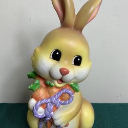 Vintage 1980s 11” Ceramic Golden Yellow Easter Bunny Rabbit Holding Carrots figurine