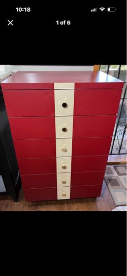 Red and White 6-Drawer Tall Dresser